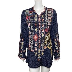Johnny Was Biya Embroidered Tunic Top Womens Size XS 100% Silk Long Sleeve Boho
